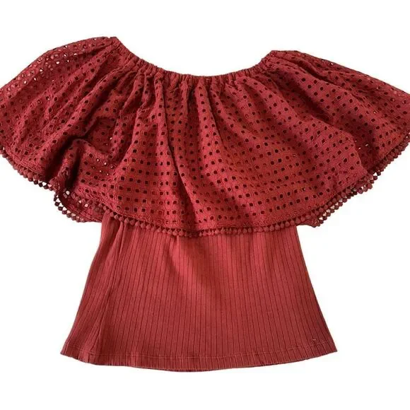 Anthropologie The Odells Off the Shoulder Eyelet Brick Color Blouse, Small - Picture 8 of 12